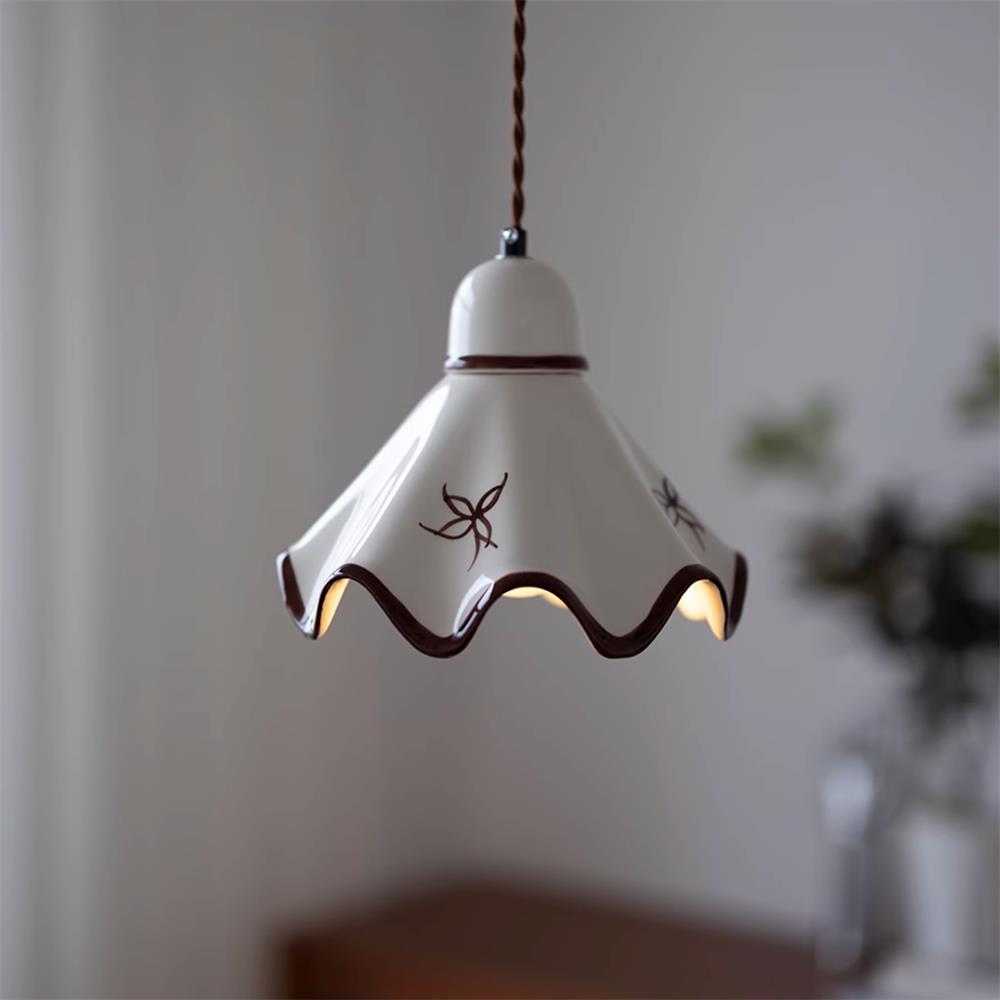 Wavy Shade Ceramic Pendant Light With Brown Trim