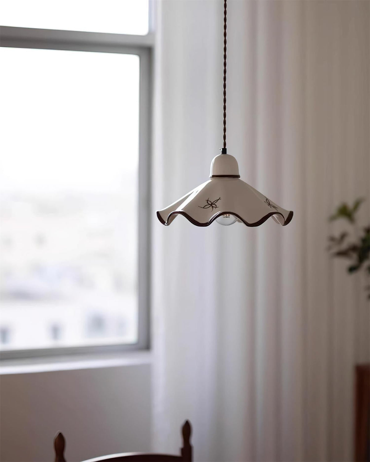 Wavy Shade Ceramic Pendant Light With Brown Trim