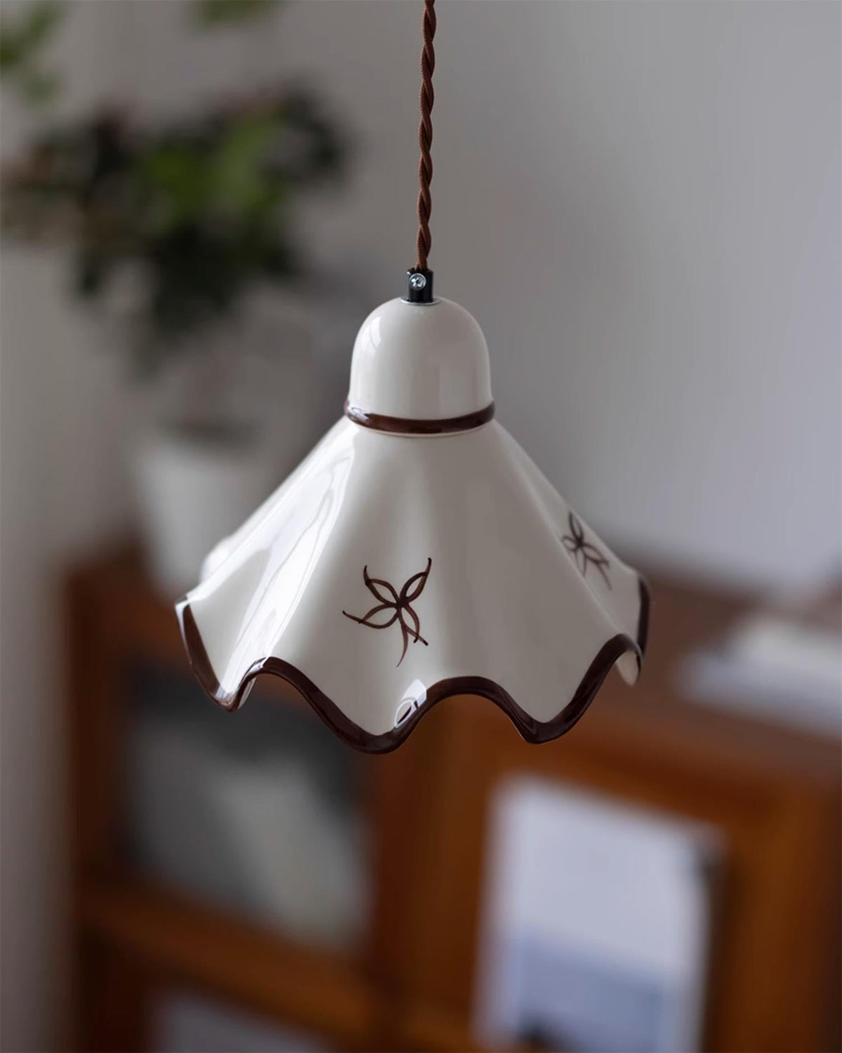 Wavy Shade Ceramic Pendant Light With Brown Trim