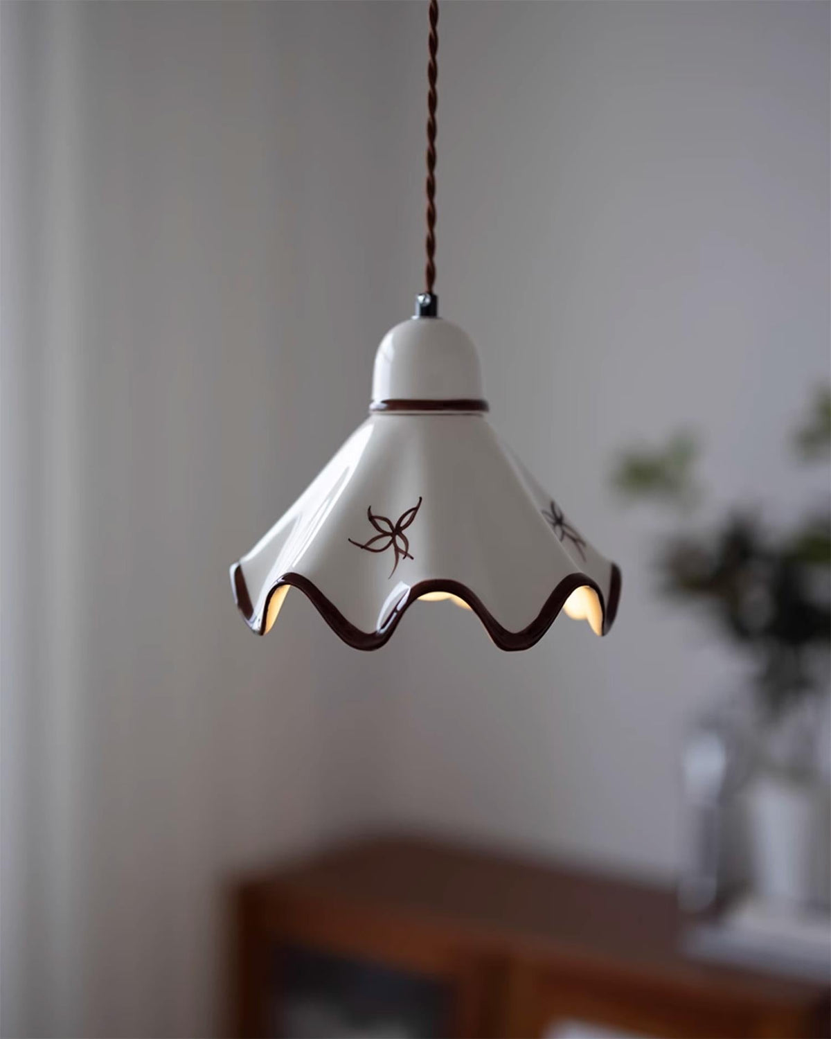 Wavy Shade Ceramic Pendant Light With Brown Trim