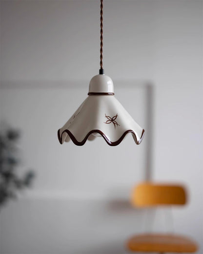 Wavy Shade Ceramic Pendant Light With Brown Trim