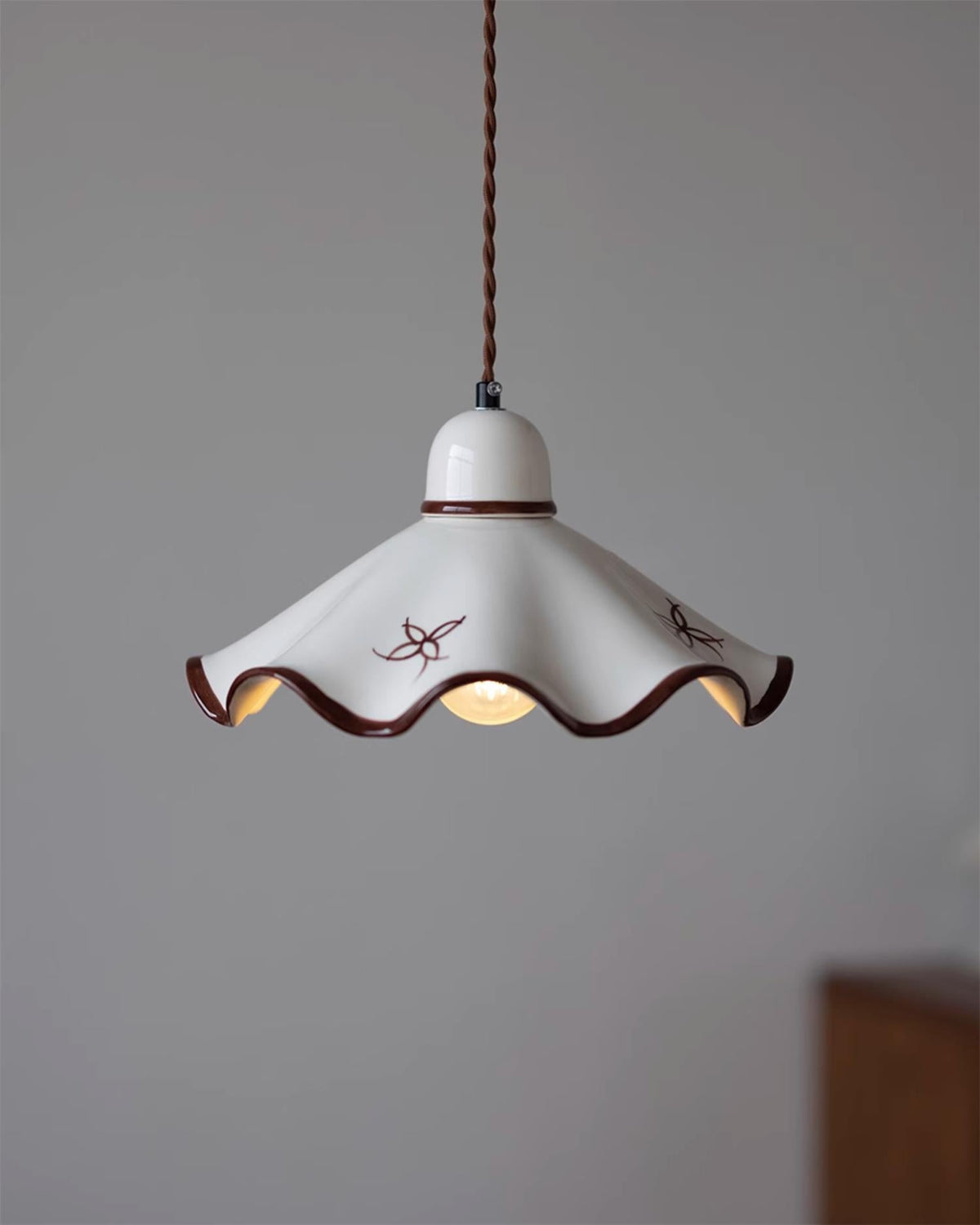 Wavy Shade Ceramic Pendant Light With Brown Trim