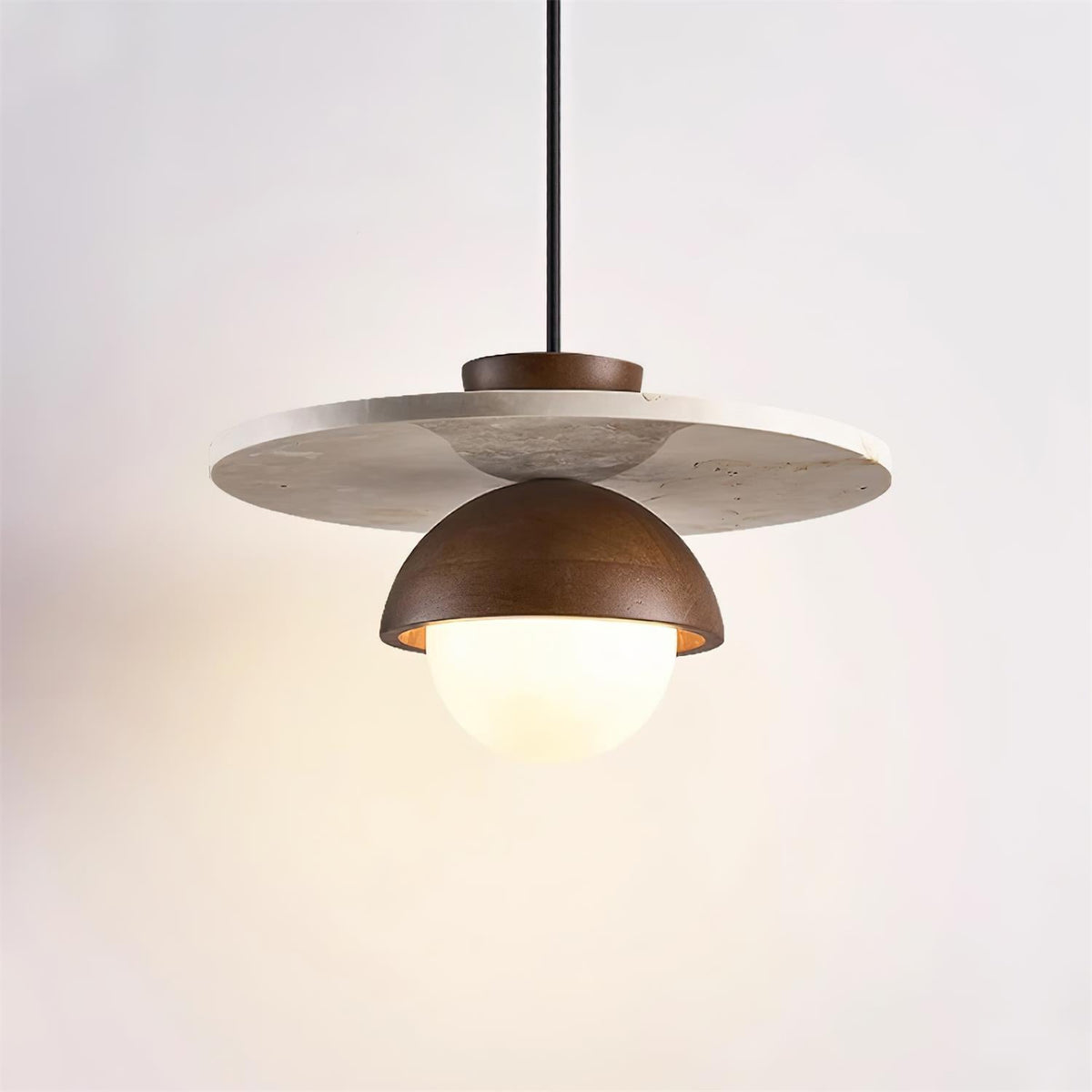 Travertine Wood Accents Glass Globe Pendant Light