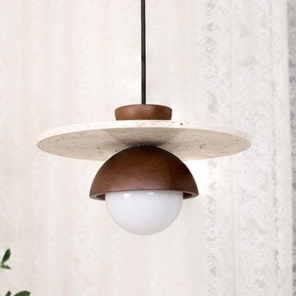 Travertine Wood Accents Glass Globe Pendant Light