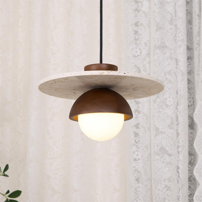 Travertine Wood Accents Glass Globe Pendant Light