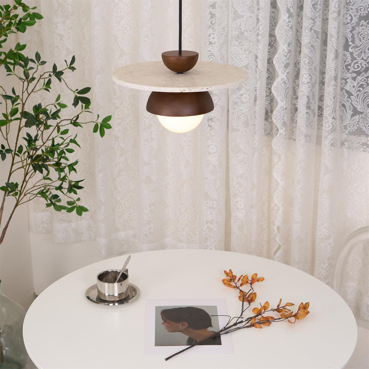 Travertine Wood Accents Glass Globe Pendant Light