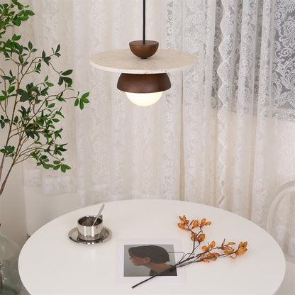 Travertine Wood Accents Glass Globe Pendant Light