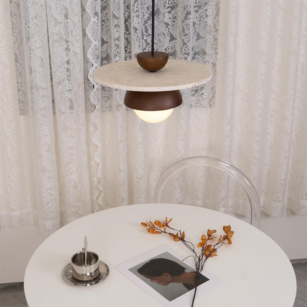 Travertine Wood Accents Glass Globe Pendant Light