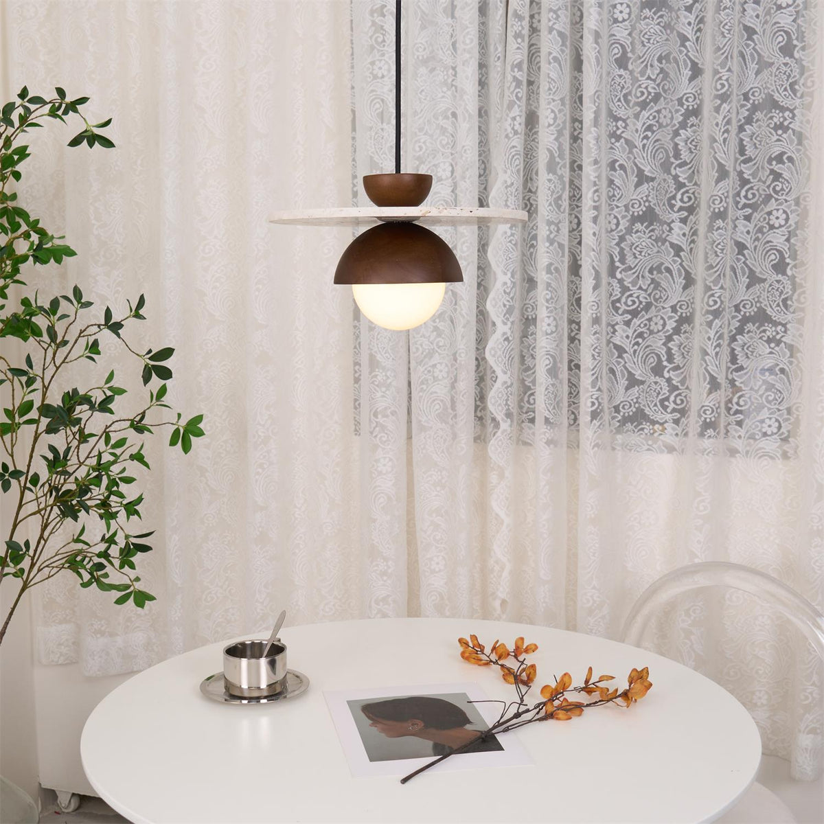 Travertine Wood Accents Glass Globe Pendant Light