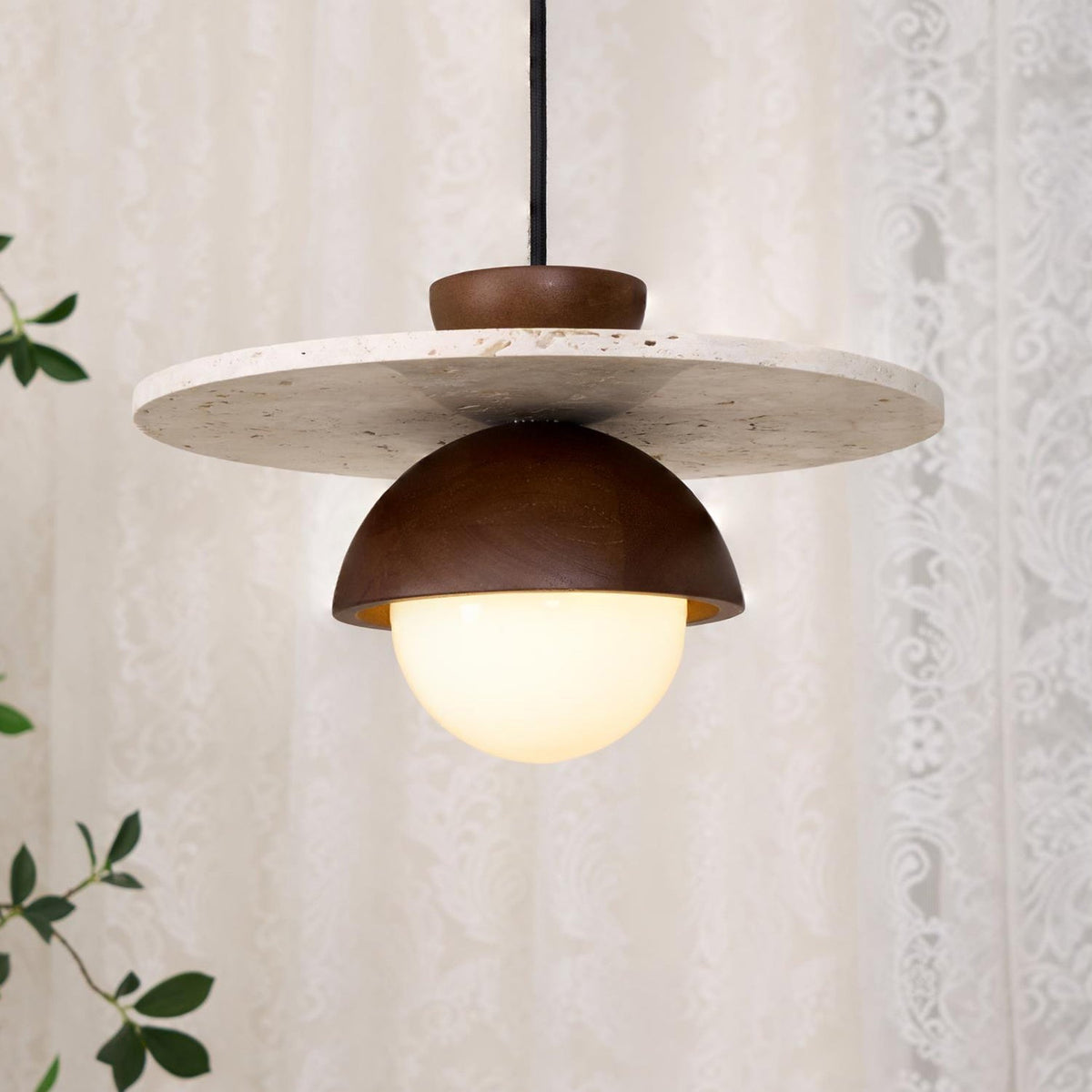 Travertine Wood Accents Glass Globe Pendant Light