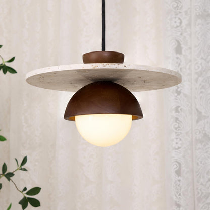 Travertine Wood Accents Glass Globe Pendant Light
