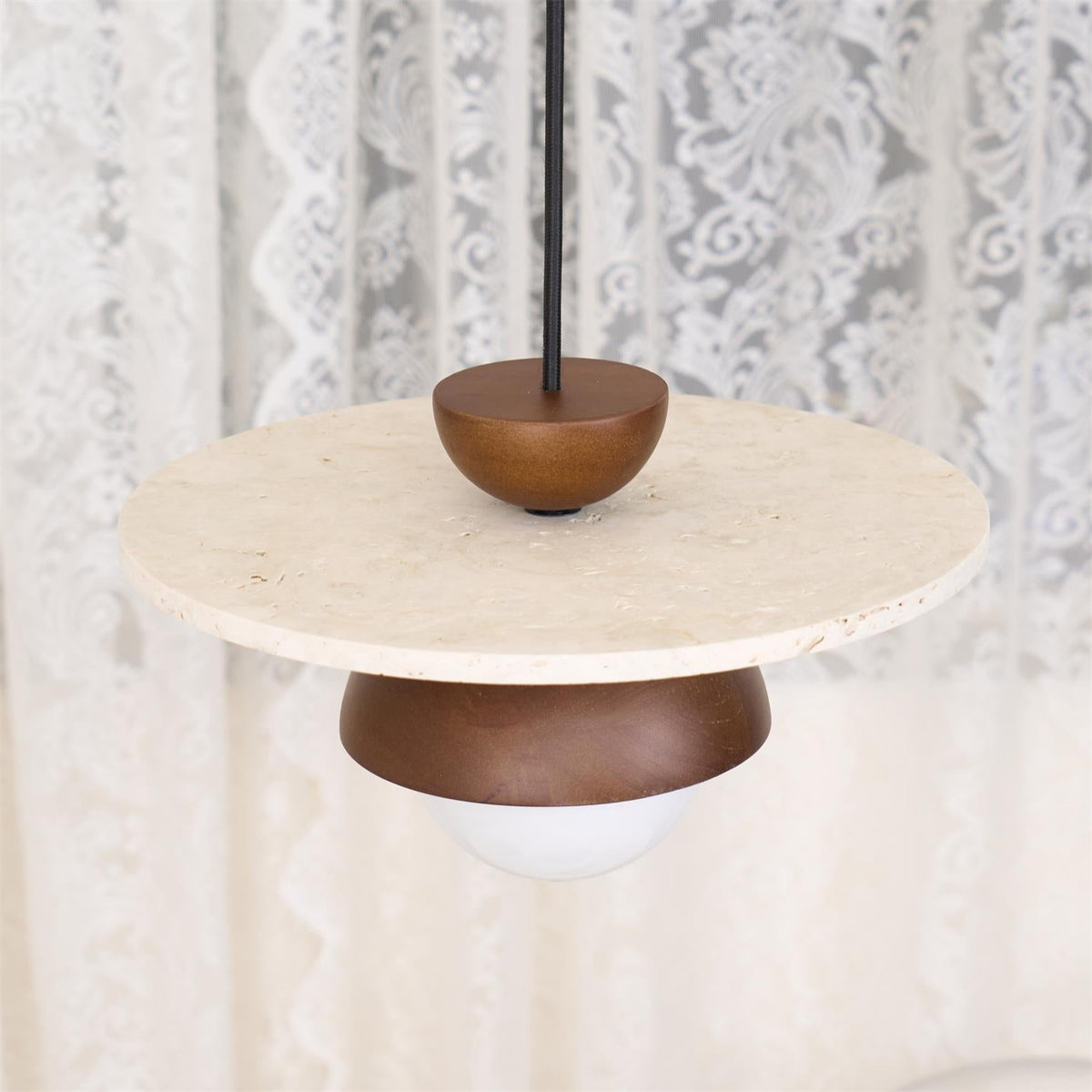 Travertine Wood Accents Glass Globe Pendant Light