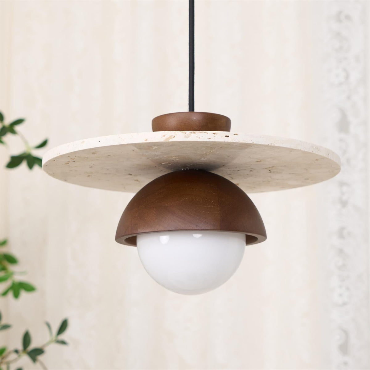 Travertine Wood Accents Glass Globe Pendant Light