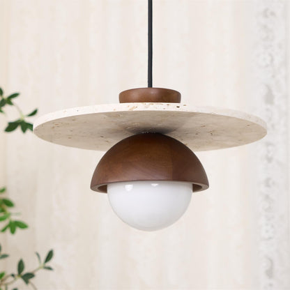 Travertine Wood Accents Glass Globe Pendant Light