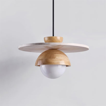 Travertine Wood Accents Glass Globe Pendant Light