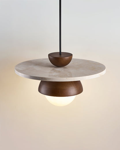 Travertine Wood Accents Glass Globe Pendant Light