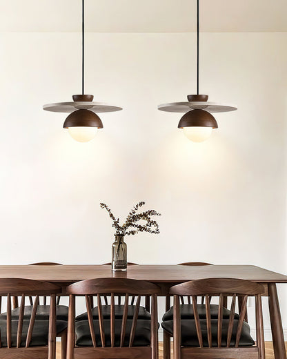 Travertine Wood Accents Glass Globe Pendant Light