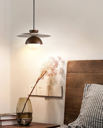 Travertine Wood Accents Glass Globe Pendant Light