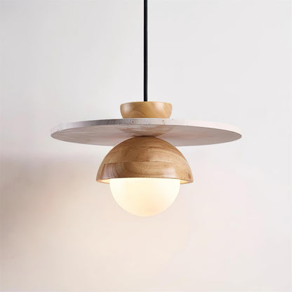Travertine Wood Accents Glass Globe Pendant Light