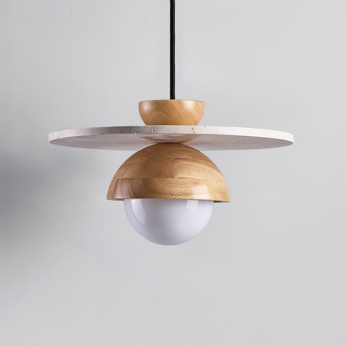 Travertine Wood Accents Glass Globe Pendant Light