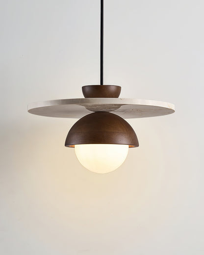 Travertine Wood Accents Glass Globe Pendant Light