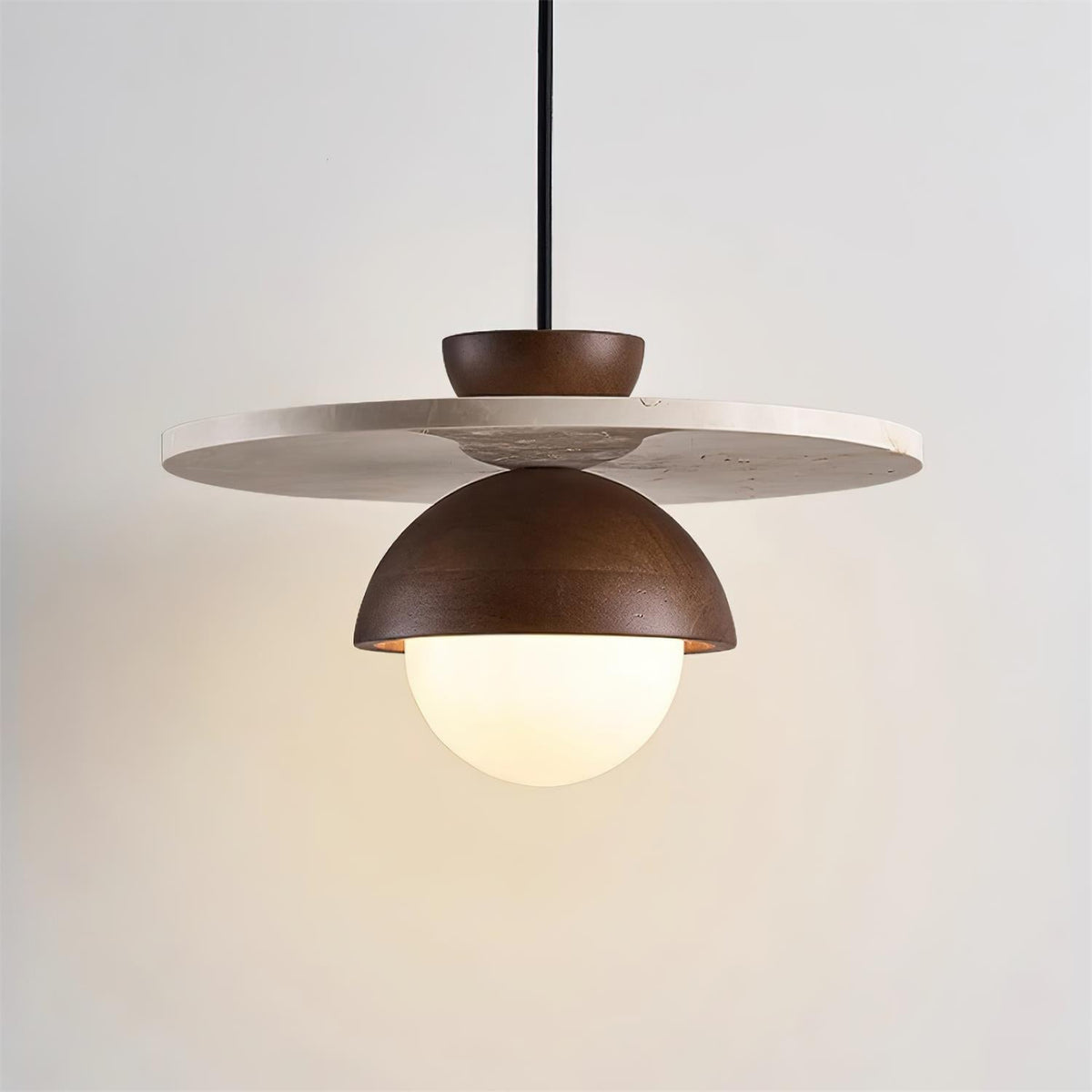Travertine Wood Accents Glass Globe Pendant Light