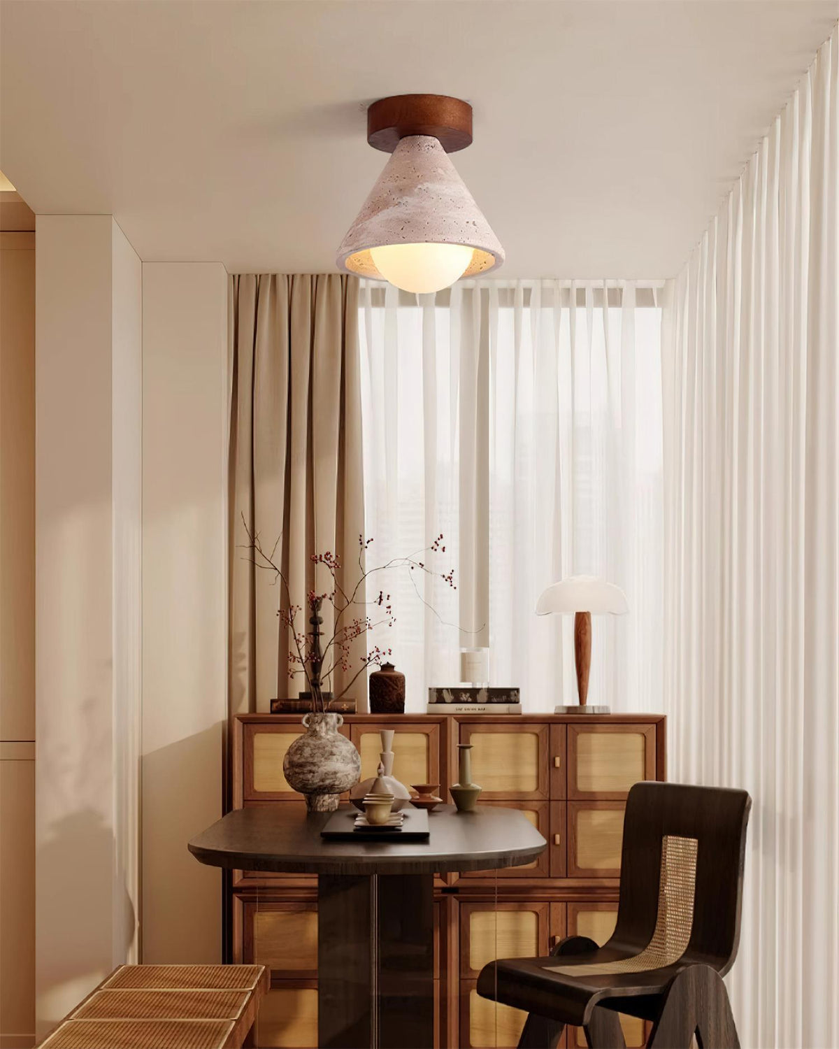 Flush Mount Ceiling Light With Wooden Canopy And G9 Socket Travertine