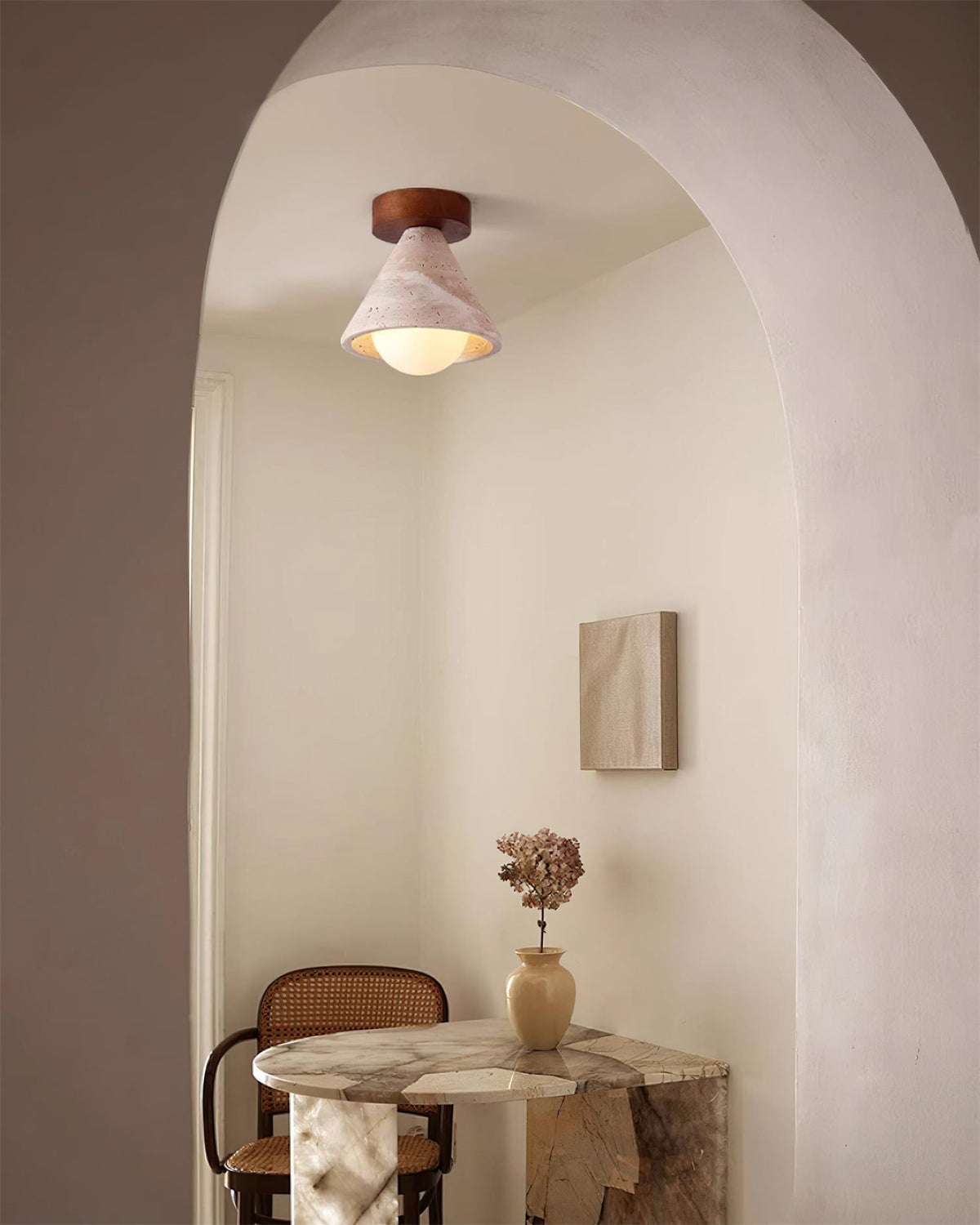 Flush Mount Ceiling Light With Wooden Canopy And G9 Socket Travertine