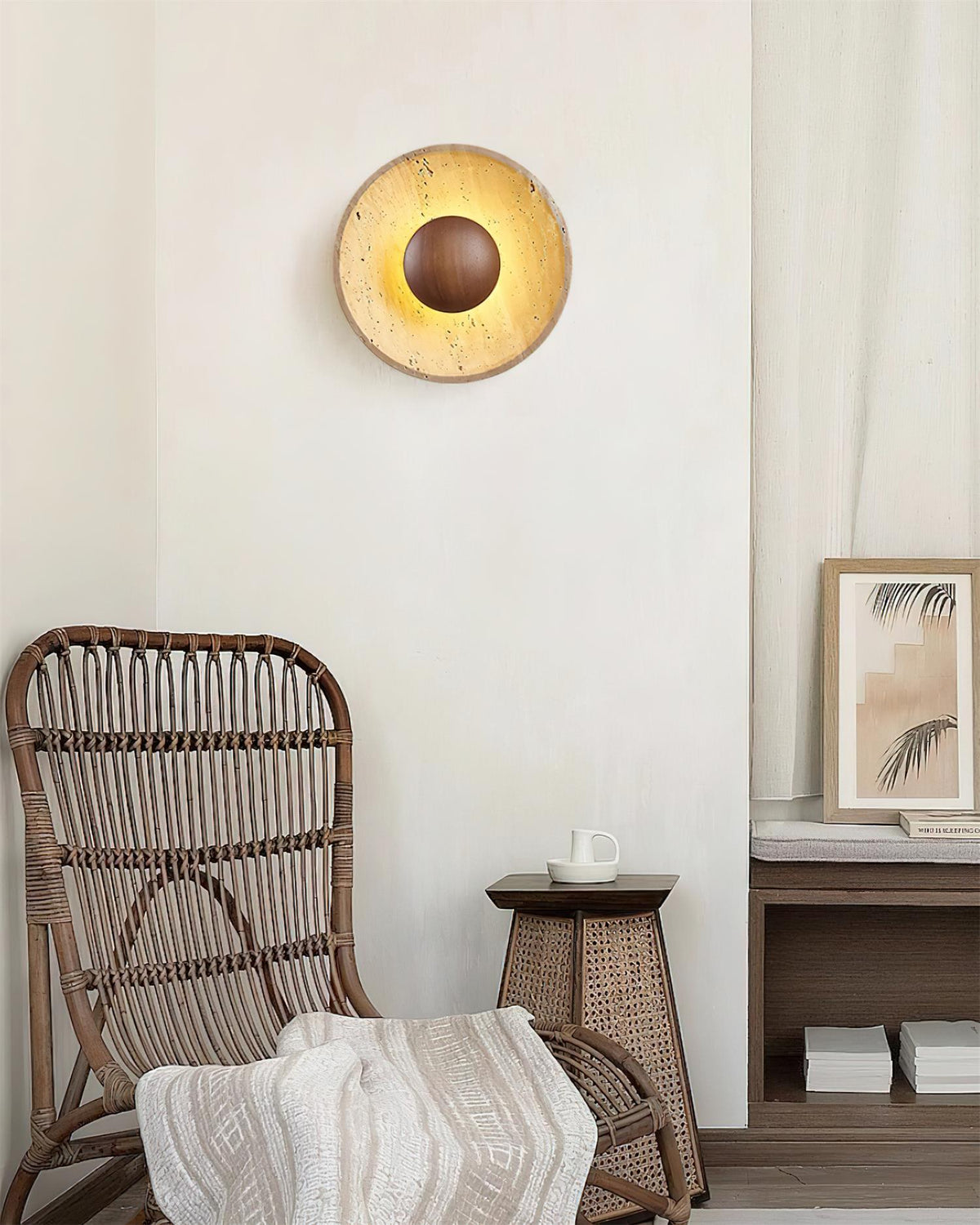 Integrated LED 25cm Travertine Walnut Wood Wall Lamp