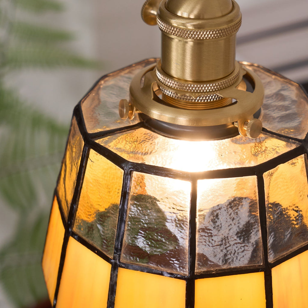 Vintage Stained Glass Shade With Brass Pendant Lamp
