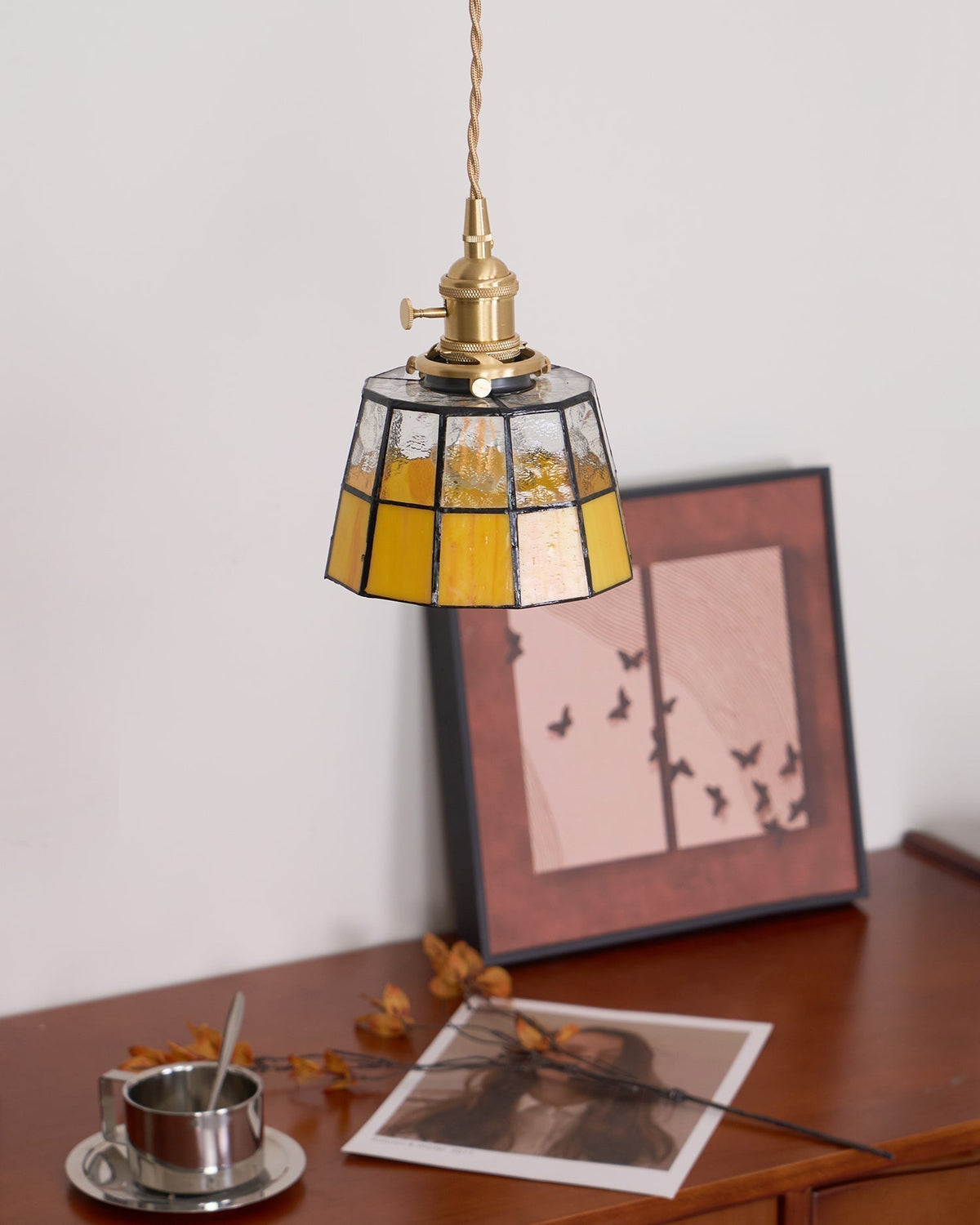 Vintage Stained Glass Shade With Brass Pendant Lamp