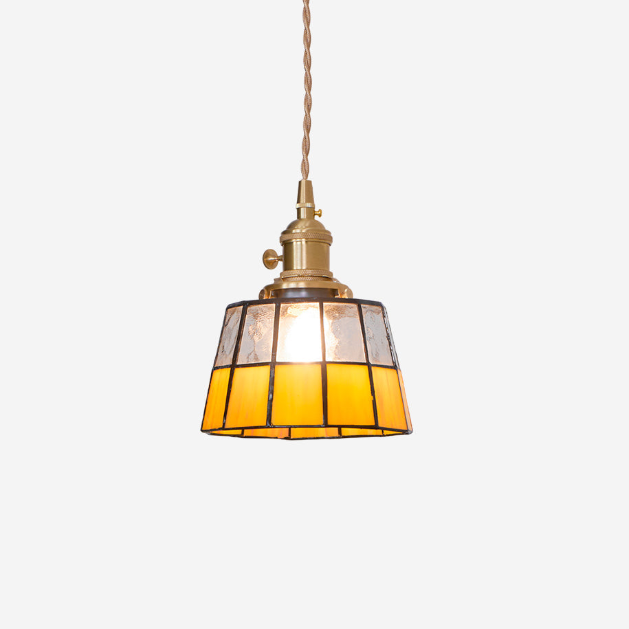 Vintage Stained Glass Shade With Brass Pendant Lamp