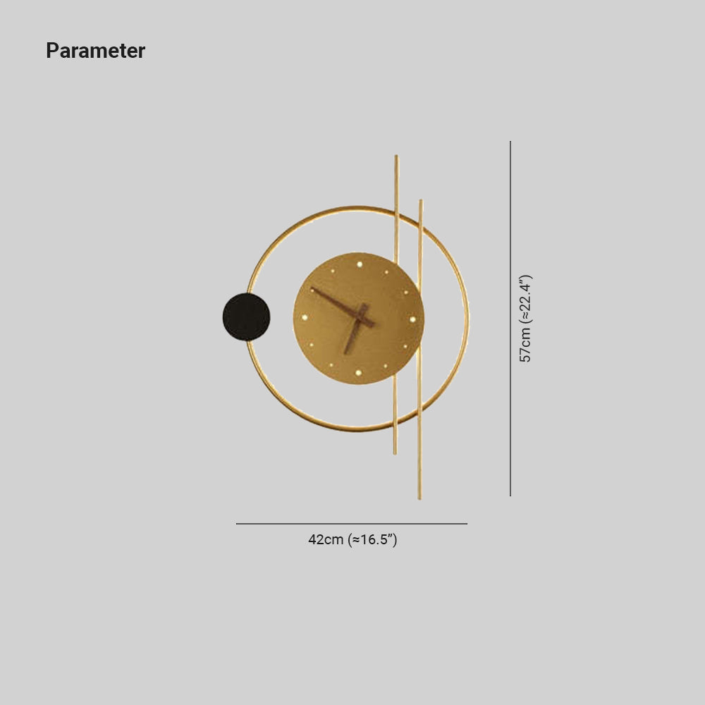 Black Finish Wall Clock Lamp With Warm Light Brass Accent