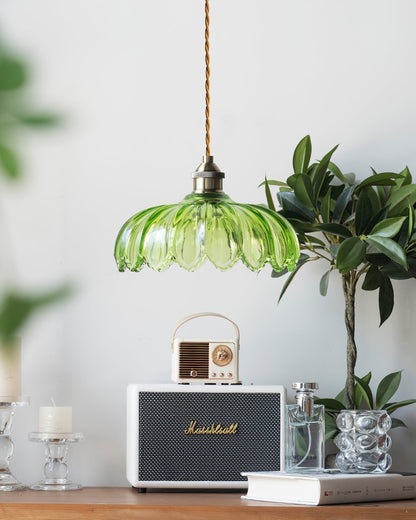 Brass Accents Green Glass Flower Pendant Light Dimmable