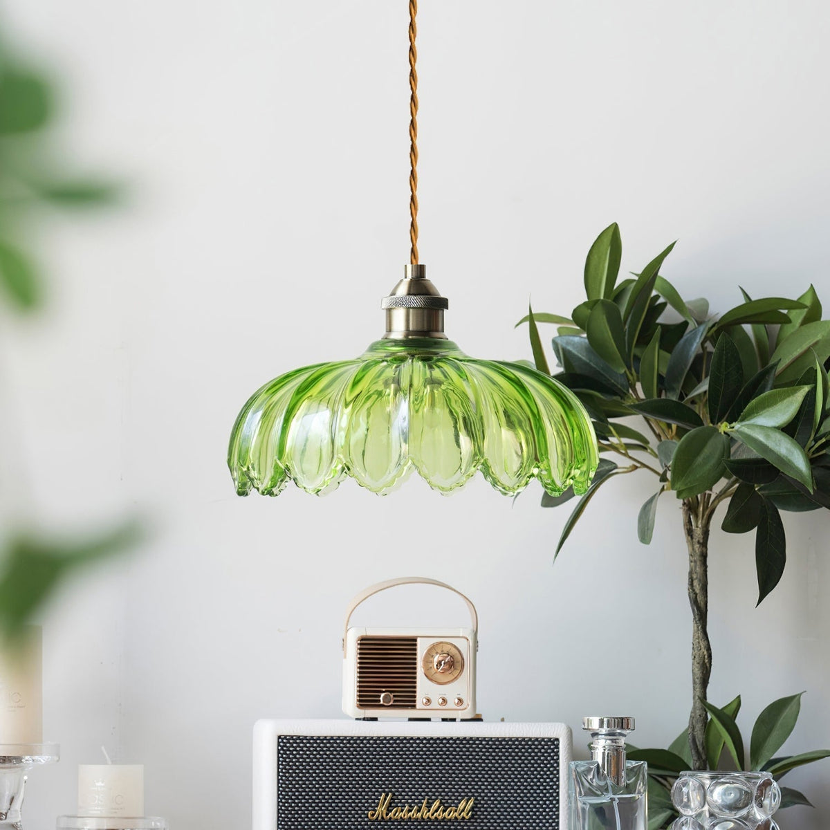 Brass Accents Green Glass Flower Pendant Light Dimmable