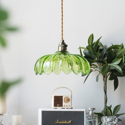 Brass Accents Green Glass Flower Pendant Light Dimmable