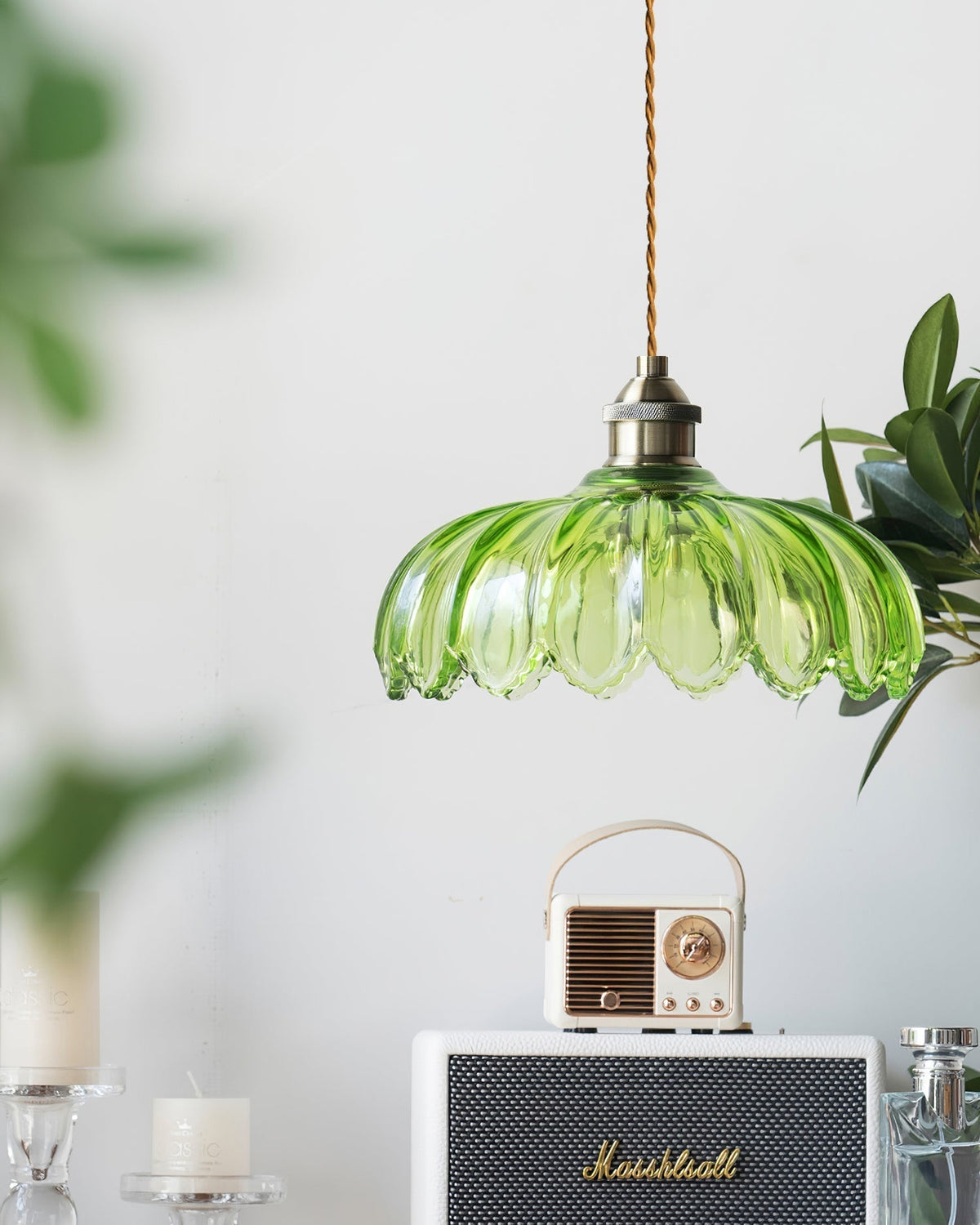 Brass Accents Green Glass Flower Pendant Light Dimmable