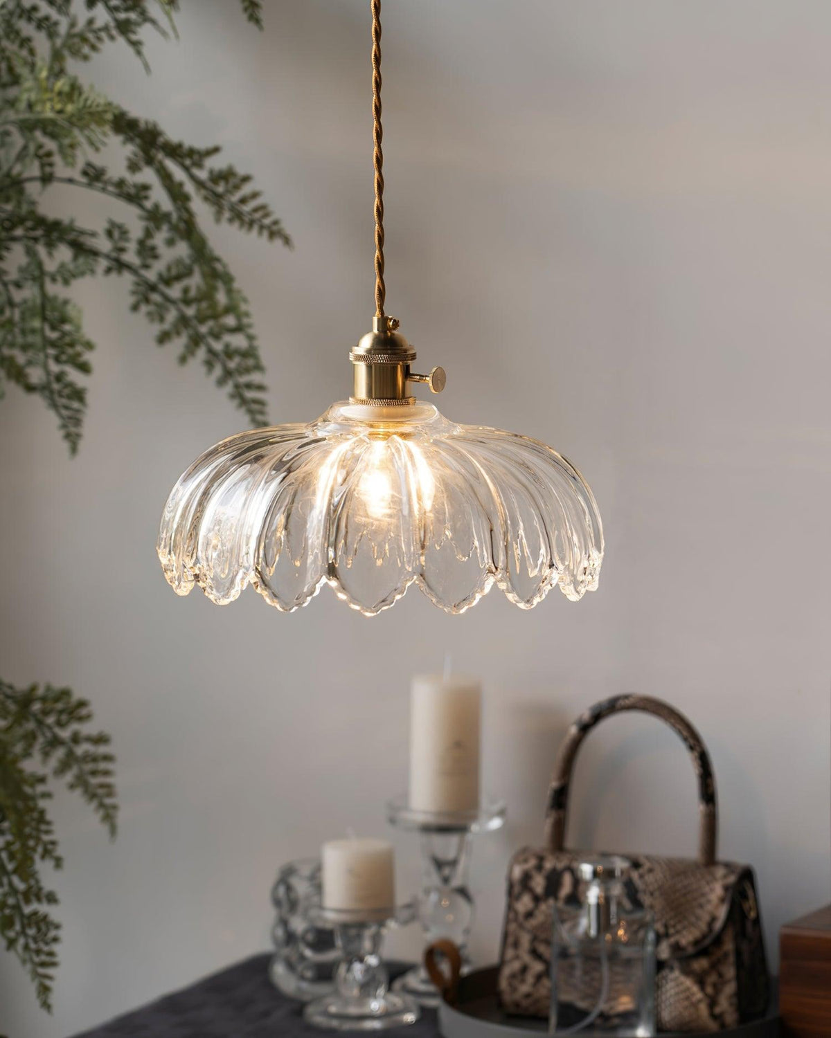 Brass Accents Green Glass Flower Pendant Light Dimmable