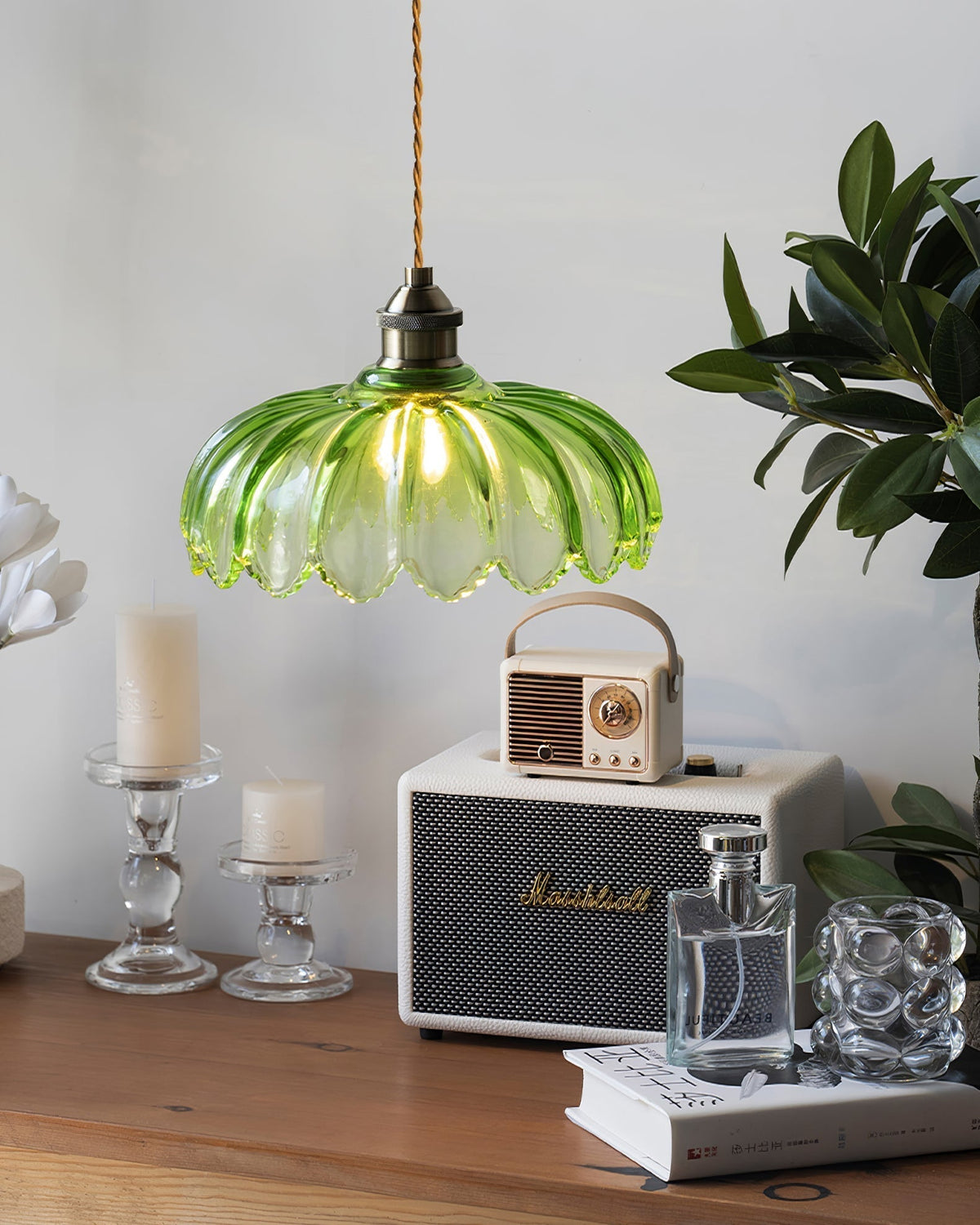 Brass Accents Green Glass Flower Pendant Light Dimmable