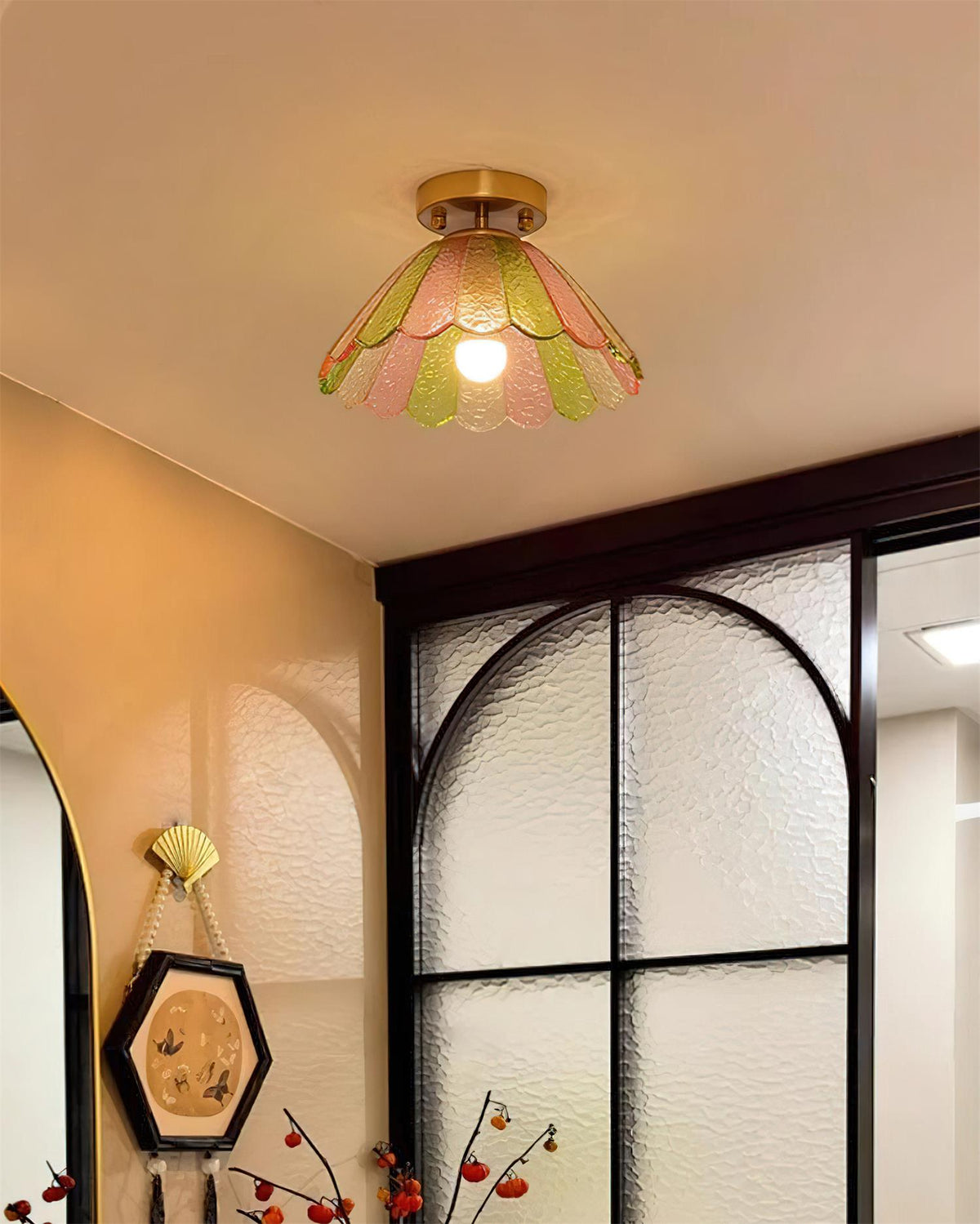 Gold Canopy Ceiling Light With Colorful Petal Glass Shade