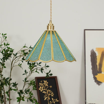 Textured Blue Glass Shade Pendant Lamp With Brass Finish