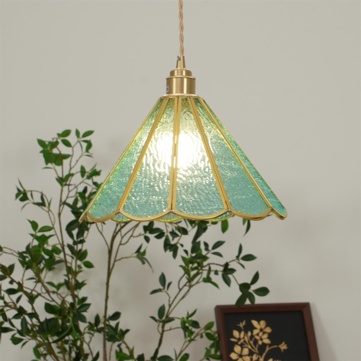 Textured Blue Glass Shade Pendant Lamp With Brass Finish