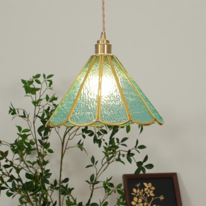 Textured Blue Glass Shade Pendant Lamp With Brass Finish