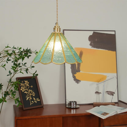 Textured Blue Glass Shade Pendant Lamp With Brass Finish