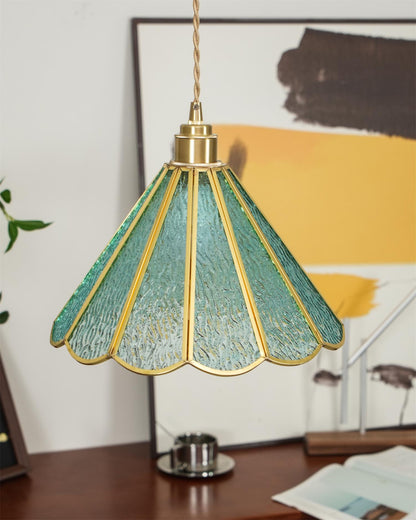Textured Blue Glass Shade Pendant Lamp With Brass Finish