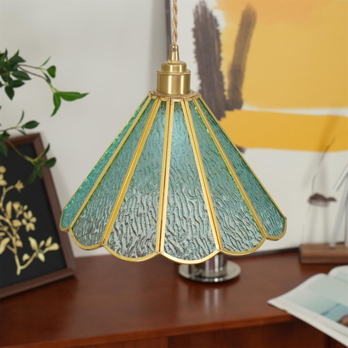 Textured Blue Glass Shade Pendant Lamp With Brass Finish