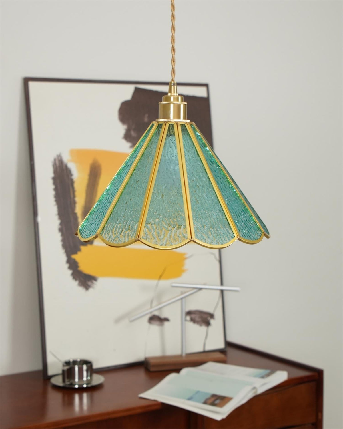 Textured Blue Glass Shade Pendant Lamp With Brass Finish
