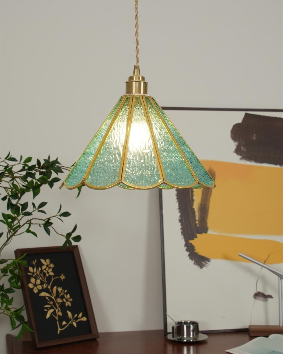 Textured Blue Glass Shade Pendant Lamp With Brass Finish