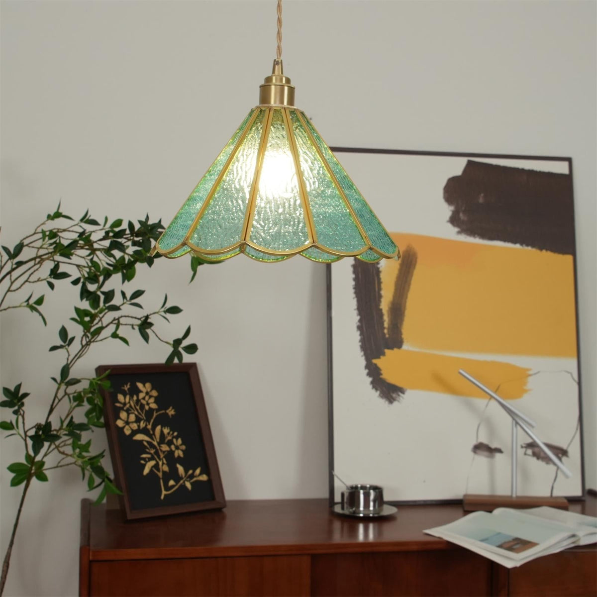 Textured Blue Glass Shade Pendant Lamp With Brass Finish