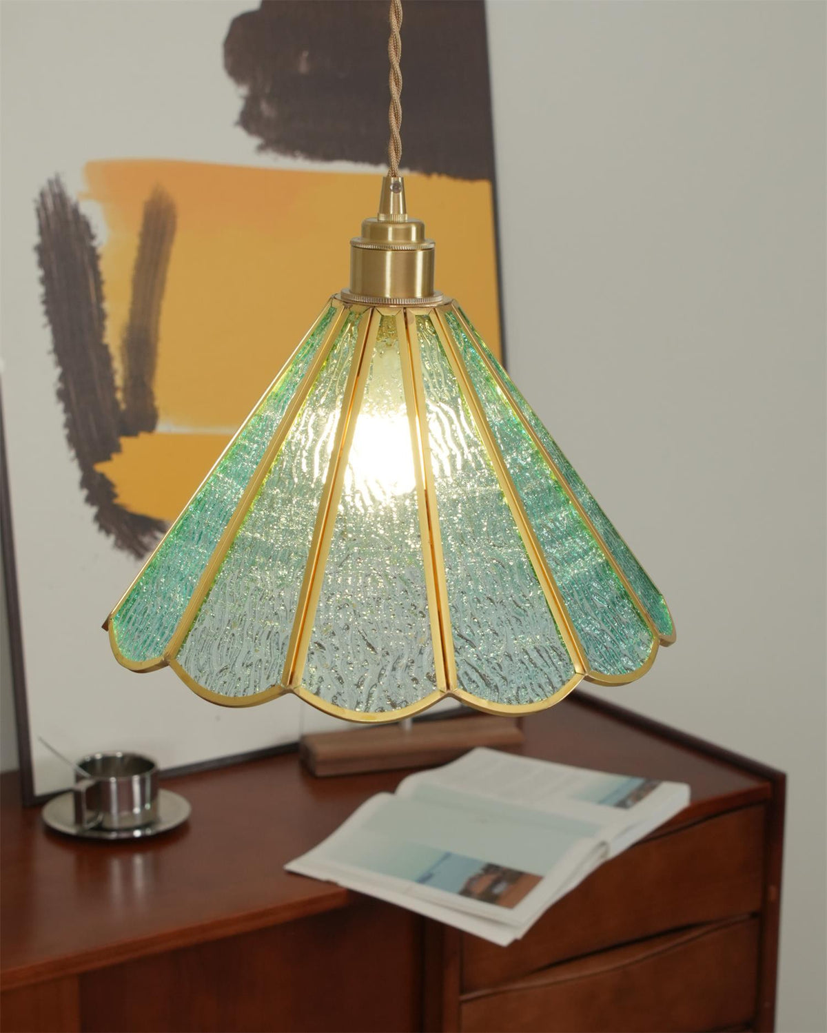Textured Blue Glass Shade Pendant Lamp With Brass Finish